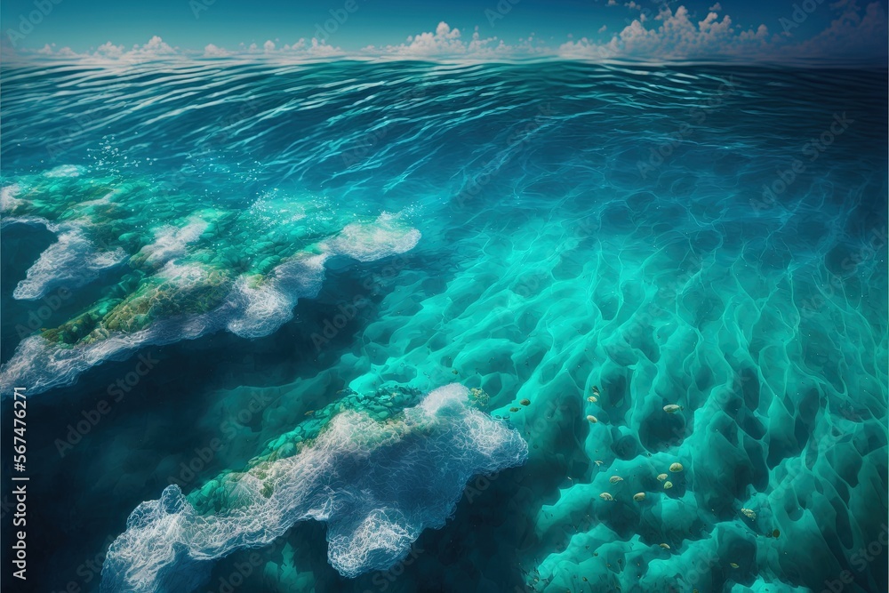 Poster an aerial view of a body of water with a wave coming towards the shore and a sky with clouds in the 