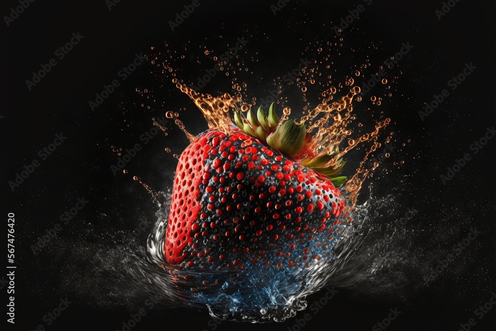 Poster a strawberry splashing into the water on a black background with a splash of water on it's side and 