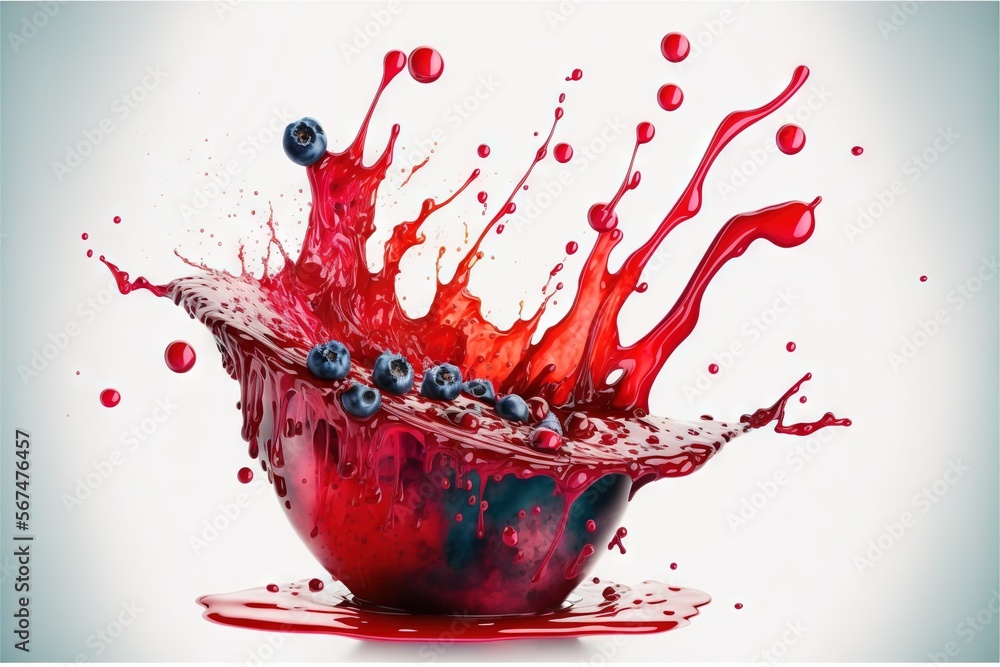 Poster a red liquid splashing out of a blueberry in a red bowl on a white background with blueberries in th
