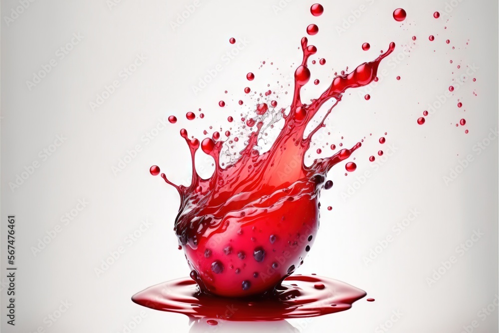 Poster a red liquid splashing out of a red apple into a white background with a white background and a red 