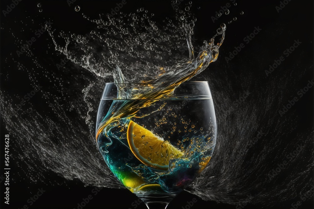 Aufkleber a glass filled with water and a slice of lemon on top of a black background with water splashing aro