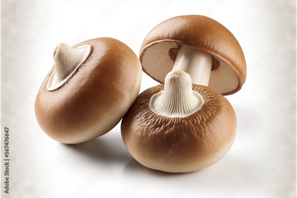 Poster a group of mushrooms sitting on top of a white table top next to a white wall with a white backgroun