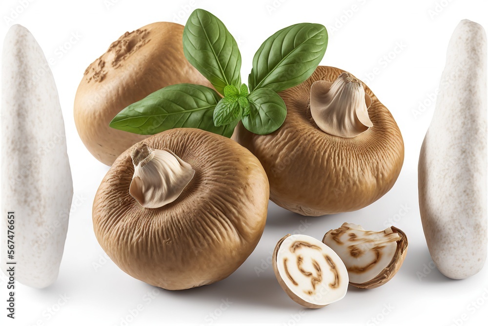 Aufkleber a group of mushrooms with leaves on top of them and a slice of garlic on the bottom of the mushroom,