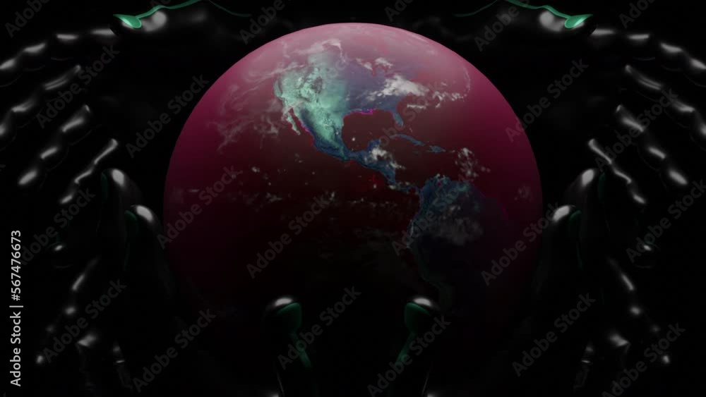 Poster Space made in computer graphics. Design. A black background with the planet earth rotating in a circle with drawn oceans and seas and metrics.