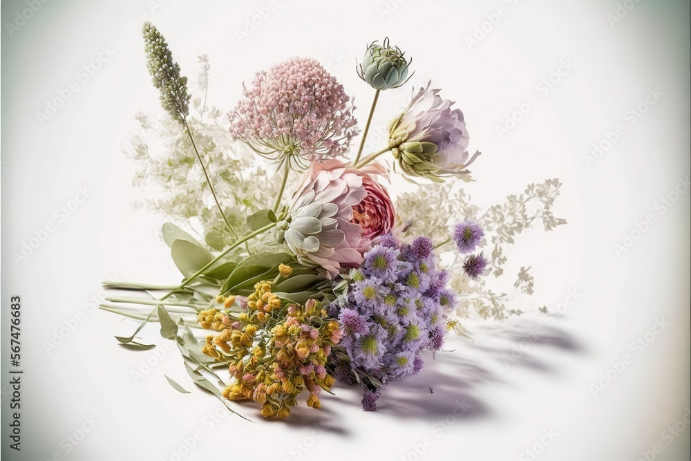 Poster a bunch of flowers are arranged in a bouquet on a white background with a shadow of the flowers on t