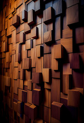 Interior wall decorated with wood. wooden background wall from cubes. Created with Generative AI technology