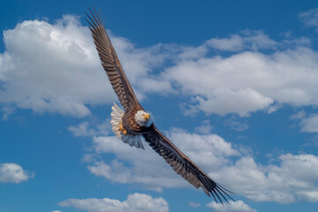 Bald eagle with wings spread against blue sky with clouds