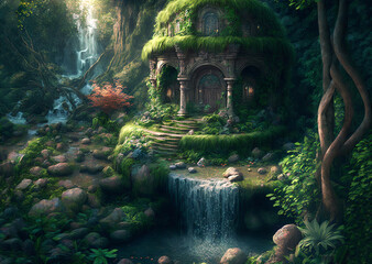 Fantasy building in the forest AI generative	