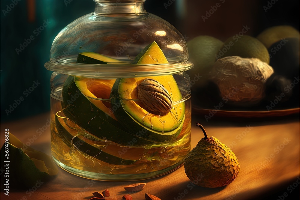 Poster a glass jar filled with sliced avocados and nuts on a table next to a plate of fruit and nuts on a t