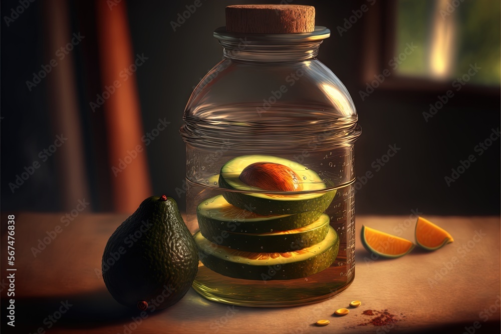 Poster a bottle of water with sliced avocado and oranges on a table next to a lemon and a lime slice on the