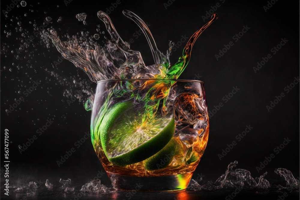 Poster a glass filled with liquid and a slice of lime on top of a black background with a splash of water o