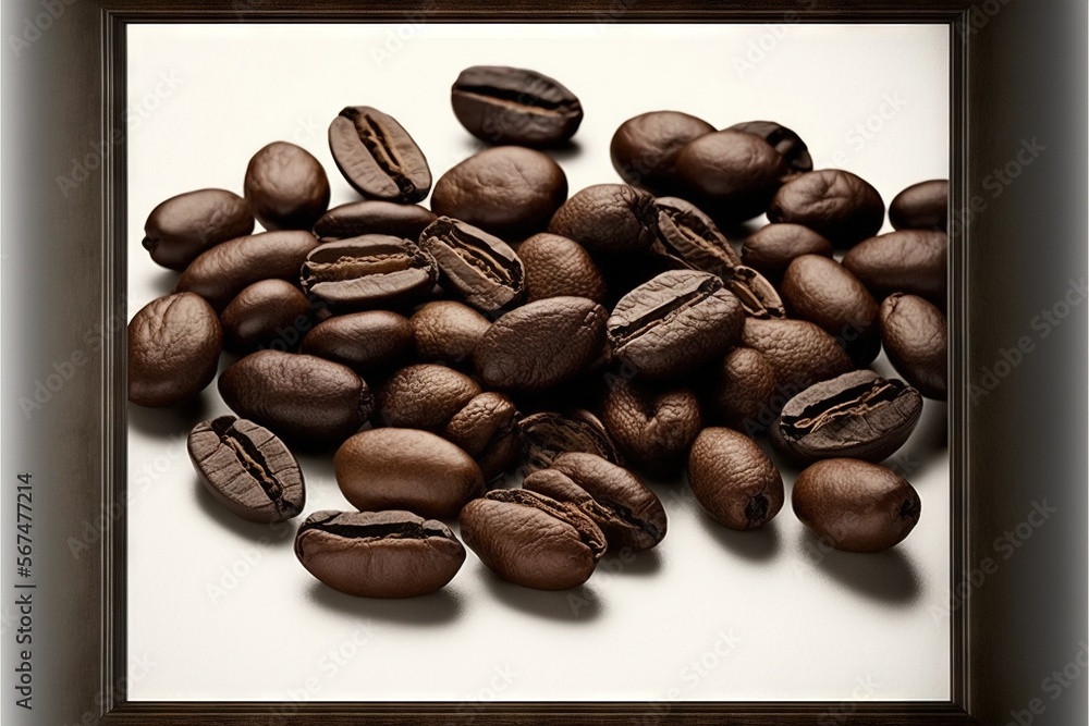 Aufkleber a picture of some coffee beans on a white surface with a brown frame around it and a few brown beans