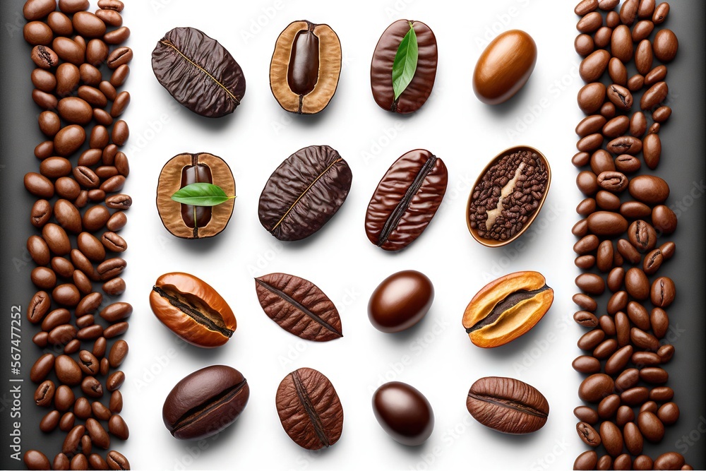 Poster coffee beans on a white background the beans are arranged in a neat pattern, with some of them overl