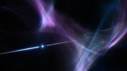 Rotating pulsar wrapped in nebula emitting high energy bursts. Outer space astronomy concept 3D illustration depicting blinking radiation flares of a magnetar or neutron star core in interstellar gas.