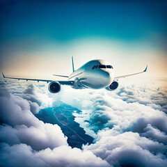 Fototapeta na wymiar An airliner plane over a sea of clouds - generative ai