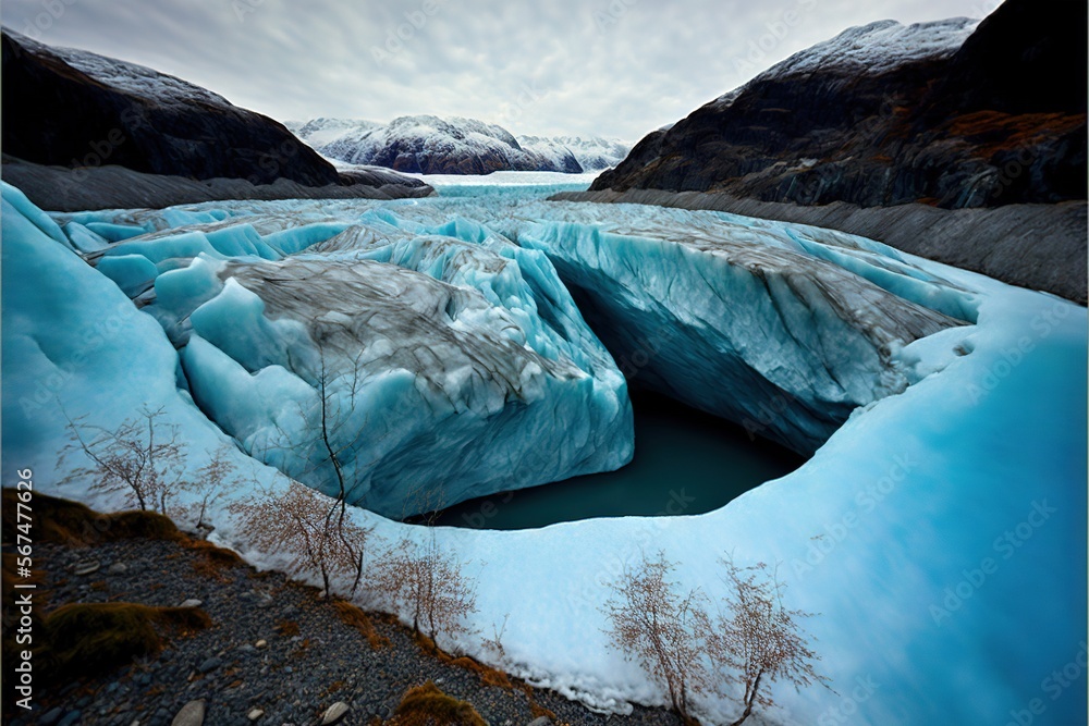 Poster a large ice cave in the middle of a mountain range with snow on the ground and mountains in the dist