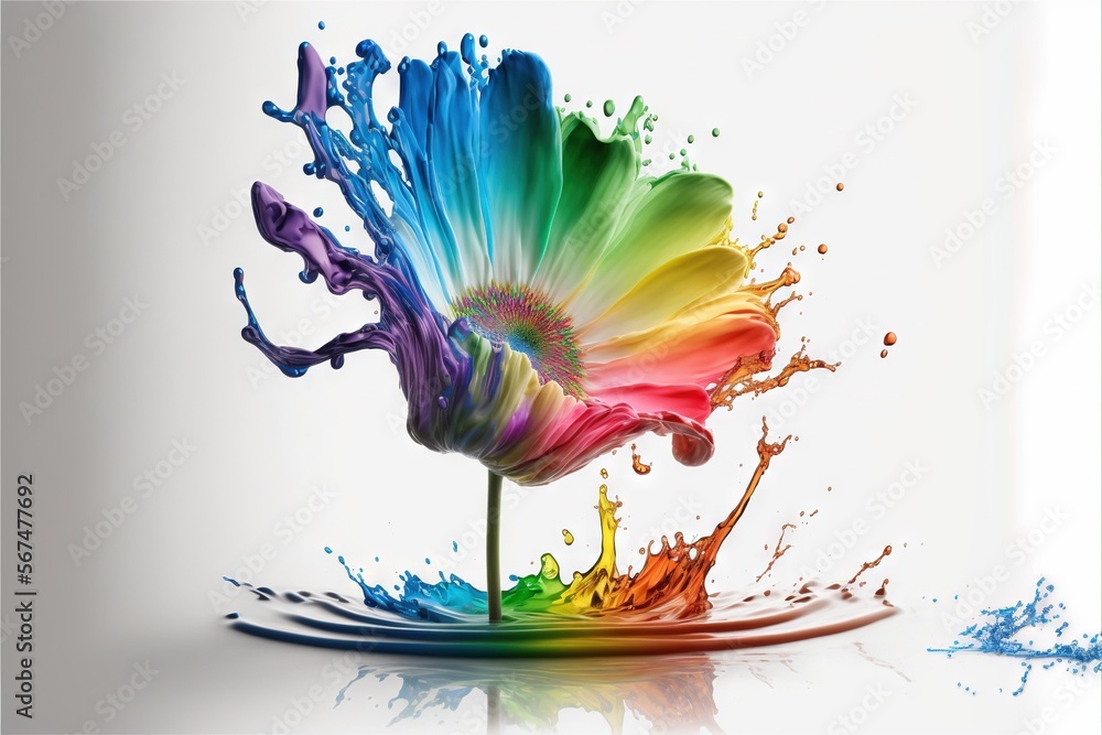 Aufkleber a colorful flower with a splash of water on it's side and a white background with a reflection of th