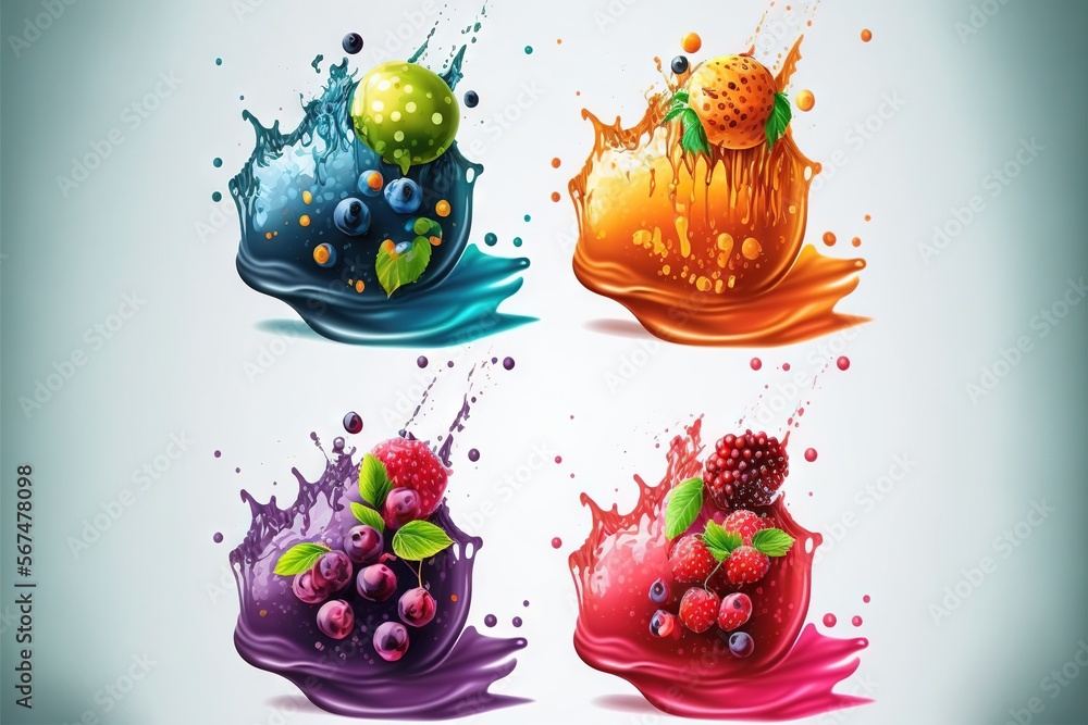Poster a set of four different fruits and berries splashing into each other's juices, with a splash of wate