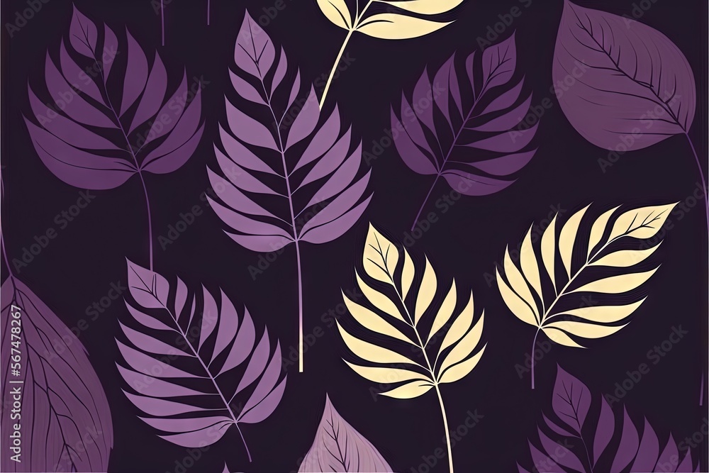 Poster a purple and yellow leaf pattern on a black background with a white outline on the bottom of the ima