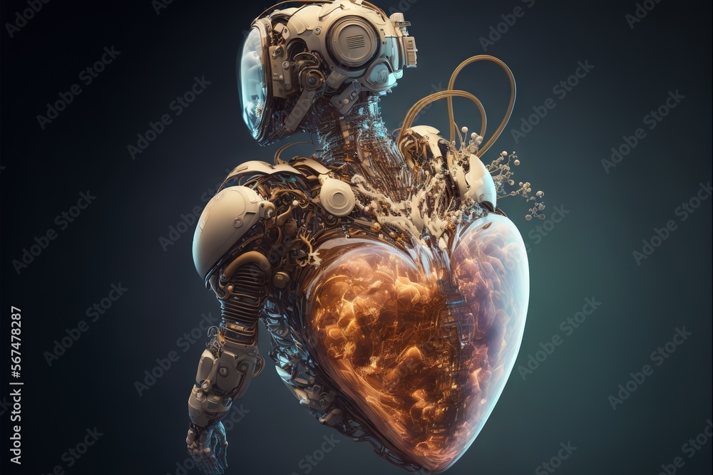 Poster a heart - shaped robot with a mechanical arm holding a heart shaped object in its right hand and a m