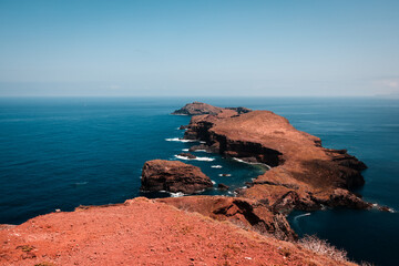  drone view to S&atilde;o Louren&ccedil;o which,is the easternmost point of the island of Madeira. see how individual rocks were layered during formation,traveling, beautiful scenery
