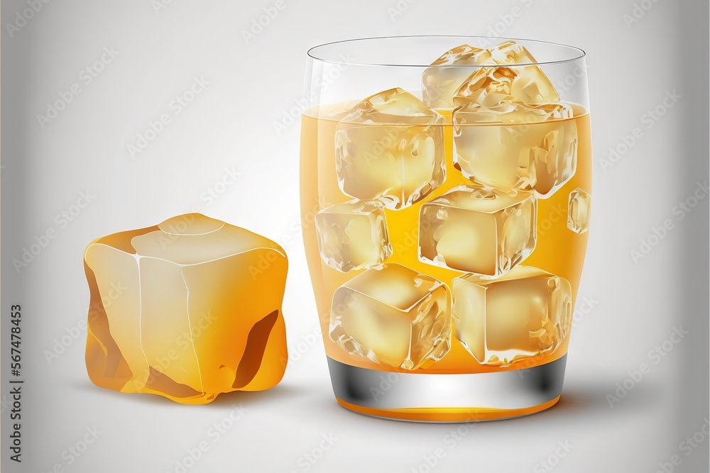 Poster a glass of ice tea with a cube of ice next to it on a white background with a shadow of the glass an