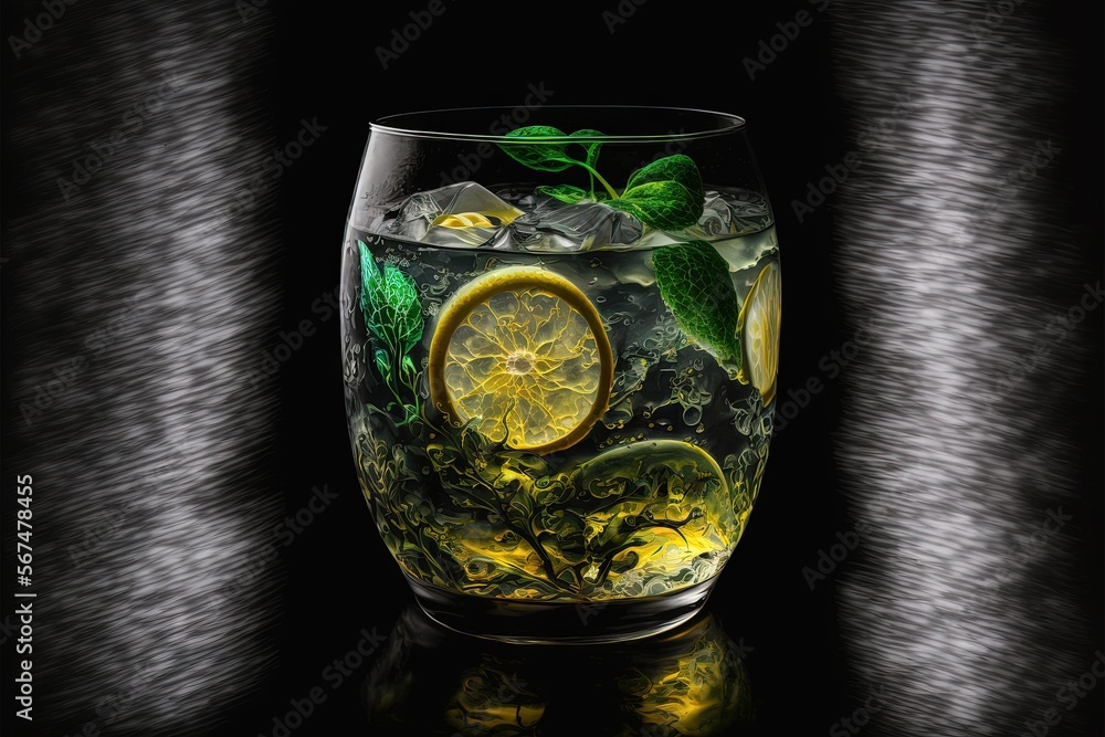 Poster a glass filled with a lemon and mint drink on top of a table next to a black background with a patte