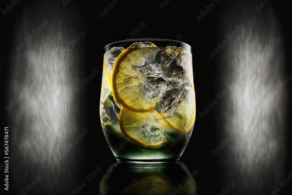 Poster  a glass filled with ice and lemons on top of a table with a black background and a black background behind the glass is a half full of lemon and half.  generative ai