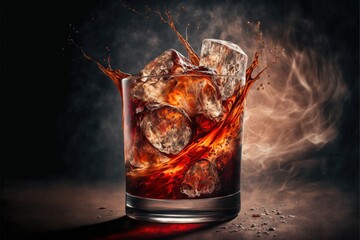  a glass filled with ice and water on top of a table with a black background and a red liquid pouring out of the top of the glass.  generative ai - obrazy, fototapety, plakaty