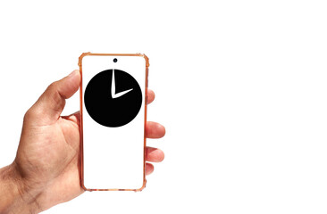 Hand holding smartphone with Black watch icon flat design for apps and 
websites. Time concept...