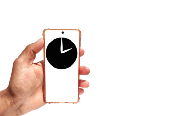 Hand holding smartphone with Black watch icon flat design for apps and 
websites. Time concept Isolated on white background. illustration 
black watch sign on screen