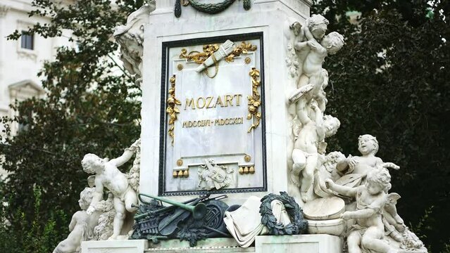 Mozart Monument in Vienna, Burggarten park. composer Wolfgang Amadeus Mozart. Travel destination for tourist visiting Austria. Europe summer tourism.