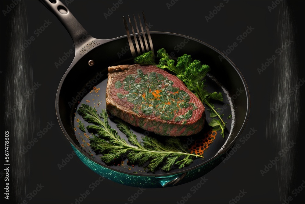 Poster a steak in a pan with a fork on top of it