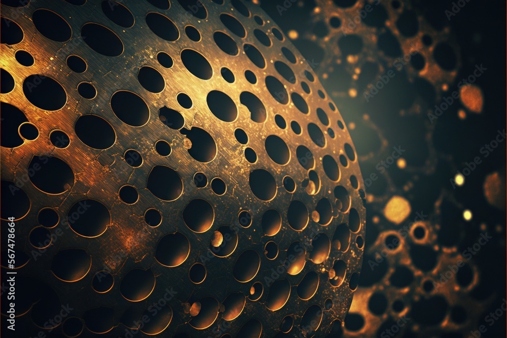 Poster a close up of a metal object with holes in it's center and a black background with gold circles on i