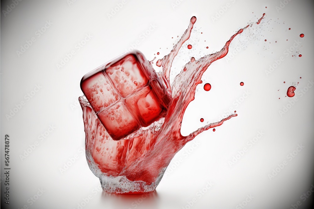 Poster a red liquid splashing out of a glass with ice cubes in it on a white background with a black border