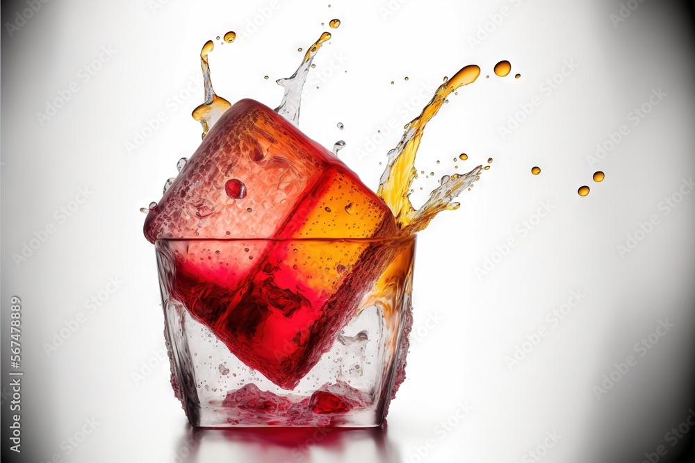 Poster a glass of soda with ice cubes splashing out of the top and bottom of the glass with orange and red 