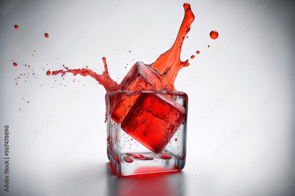 Poster a red liquid splashing out of a glass of ice cubes on a white background with a reflection of the ic