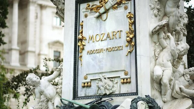Mozart Monument in Vienna, Burggarten park. composer Wolfgang Amadeus Mozart. Travel destination for tourist visiting Austria. Europe summer tourism.