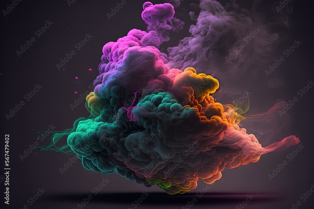Poster colorful smoke is floating in the air on a dark background with a light reflection on the bottom of 