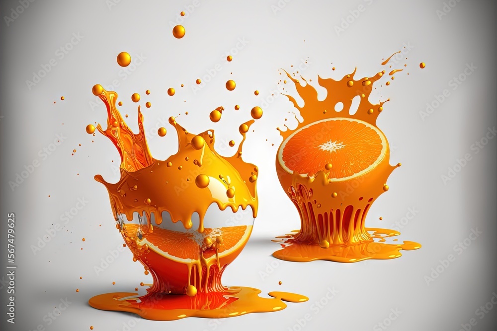 Poster an orange juice splashing out of two oranges on a white background with a splash of orange juice on 