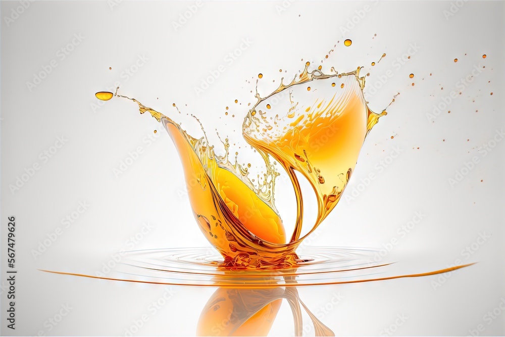 Poster an orange liquid splashing into the water on a white surface with a reflection of the water and the 