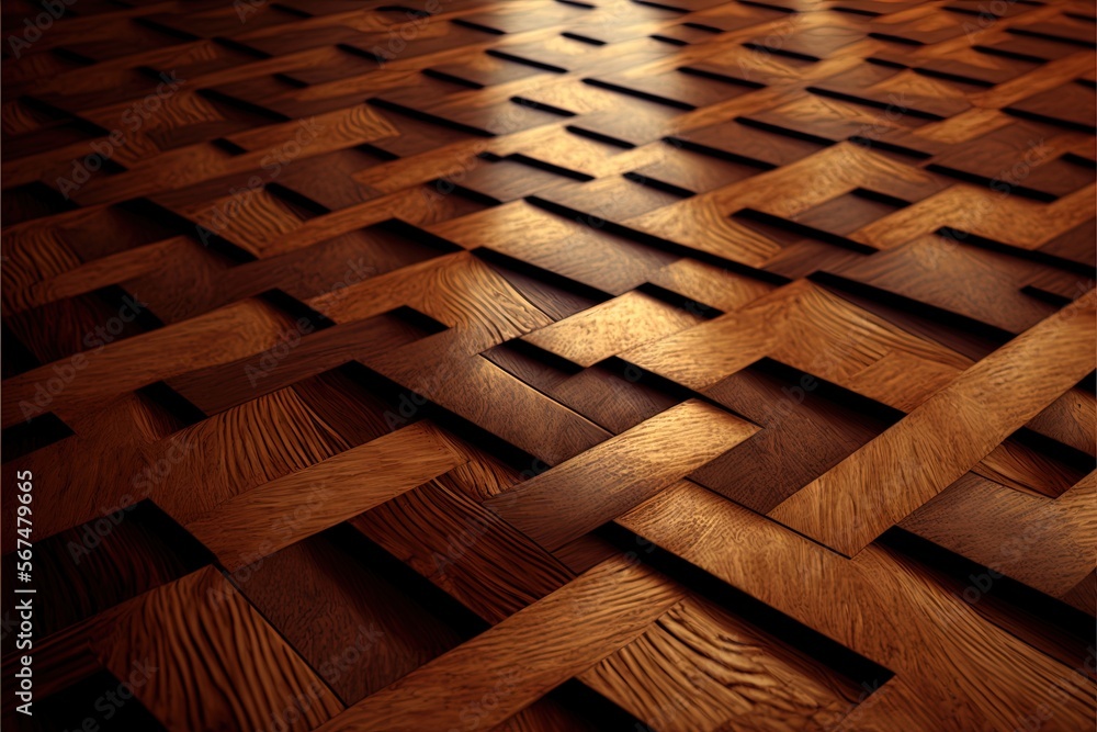 Poster a wooden floor with a pattern made of squares and rectangles on top of it, in a room with light comi