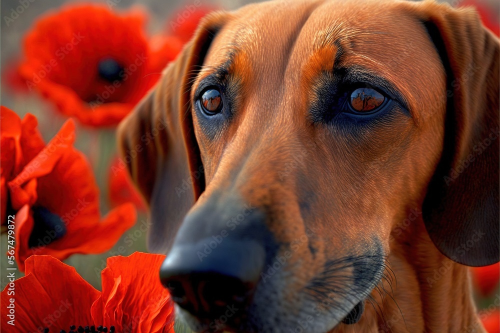 Aufkleber a close up of a dog with a bunch of flowers in front of it and a background of red poppies and a bri