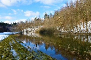 Fototapeta na wymiar View of Rak river in Rakov Skocjan in winter with a reflection of the forest in the water in Notranjska, Slovenia