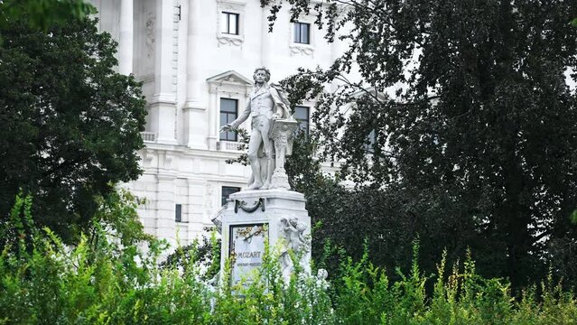 Mozart Monument in Vienna, Burggarten park. composer Wolfgang Amadeus Mozart. Travel destination for tourist visiting Austria. Europe summer tourism.