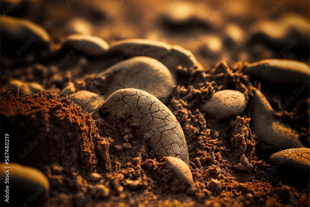 Poster a close up of rocks and dirt with a yellow light in the backround behind it and a yellow light in th