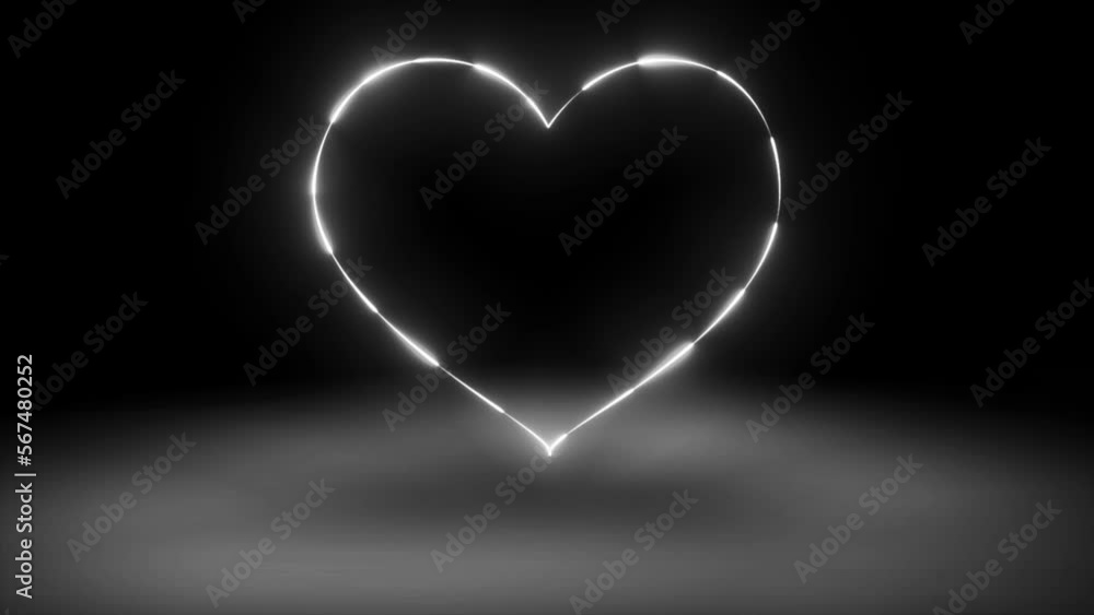 Poster neon heart shape animation with 3d floor. glowing heart shape neon animation on black background. ne