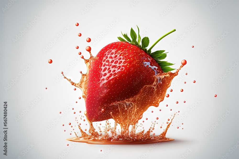 Poster a red strawberry splashing into a puddle of orange liquid on a white background with a green leaf on
