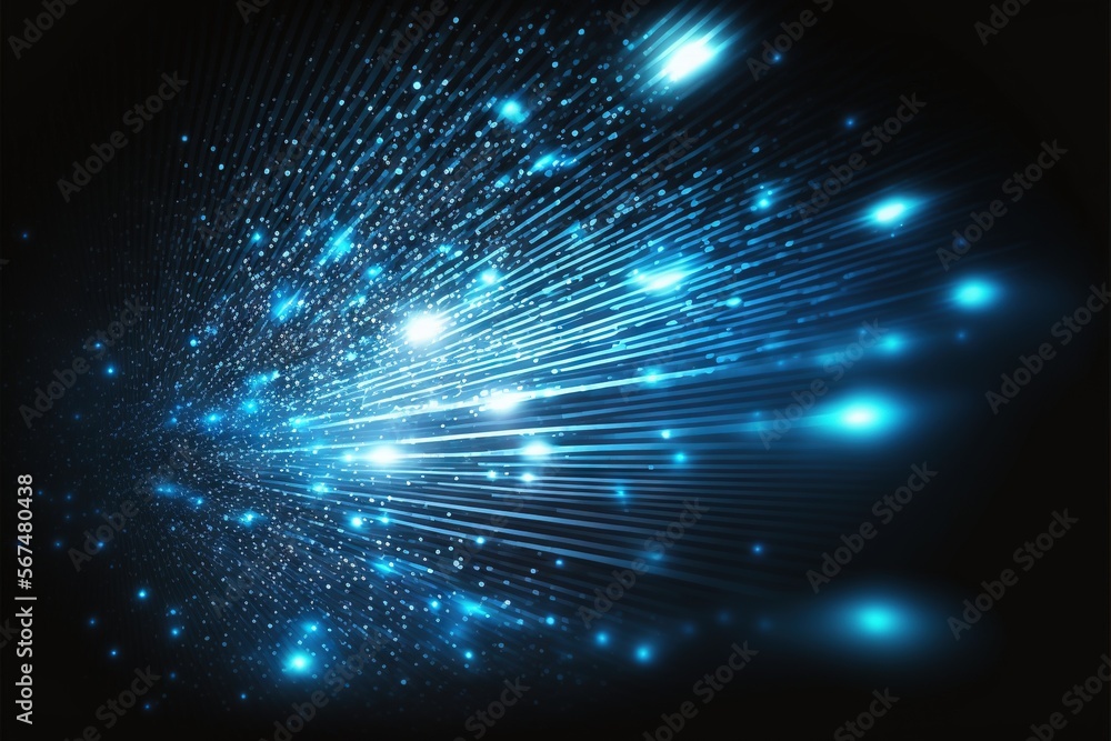 Poster a blue abstract background with a lot of stars and lines in the middle of the image, with a black ba