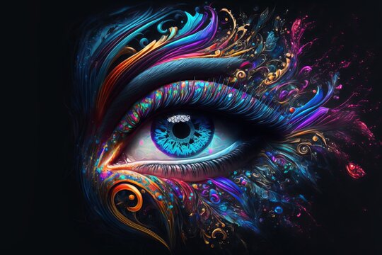 Blue Eye Closeup of Mysterious Woman in Rainbow Colors painted in colorful mandala style. Spiritual abstract pupil with blue iris design illustration Postproducted generative AI digital illustration.